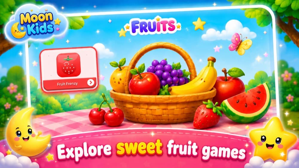 The fruits category screen, with a Fruit Frenzy game card beside a basket of fruit