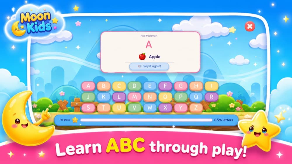 Learn ABC: a letter card with a picture prompt above the full alphabet, and a progress bar reading 0 of 26 letters