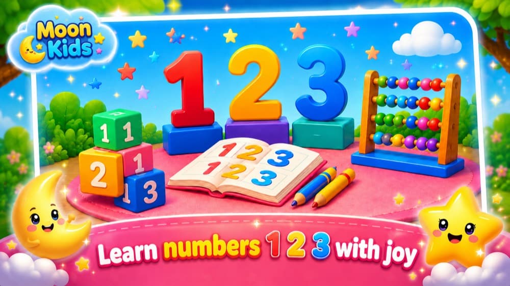 The numbers theme: large 1, 2 and 3 with counting blocks, a picture book and an abacus